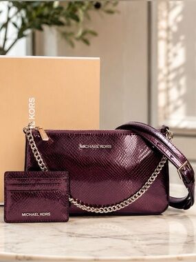 Michael Kors GIFT BOX ST $548 Metallic Clutch & Card Holder Oxblood Rouge Sombre
